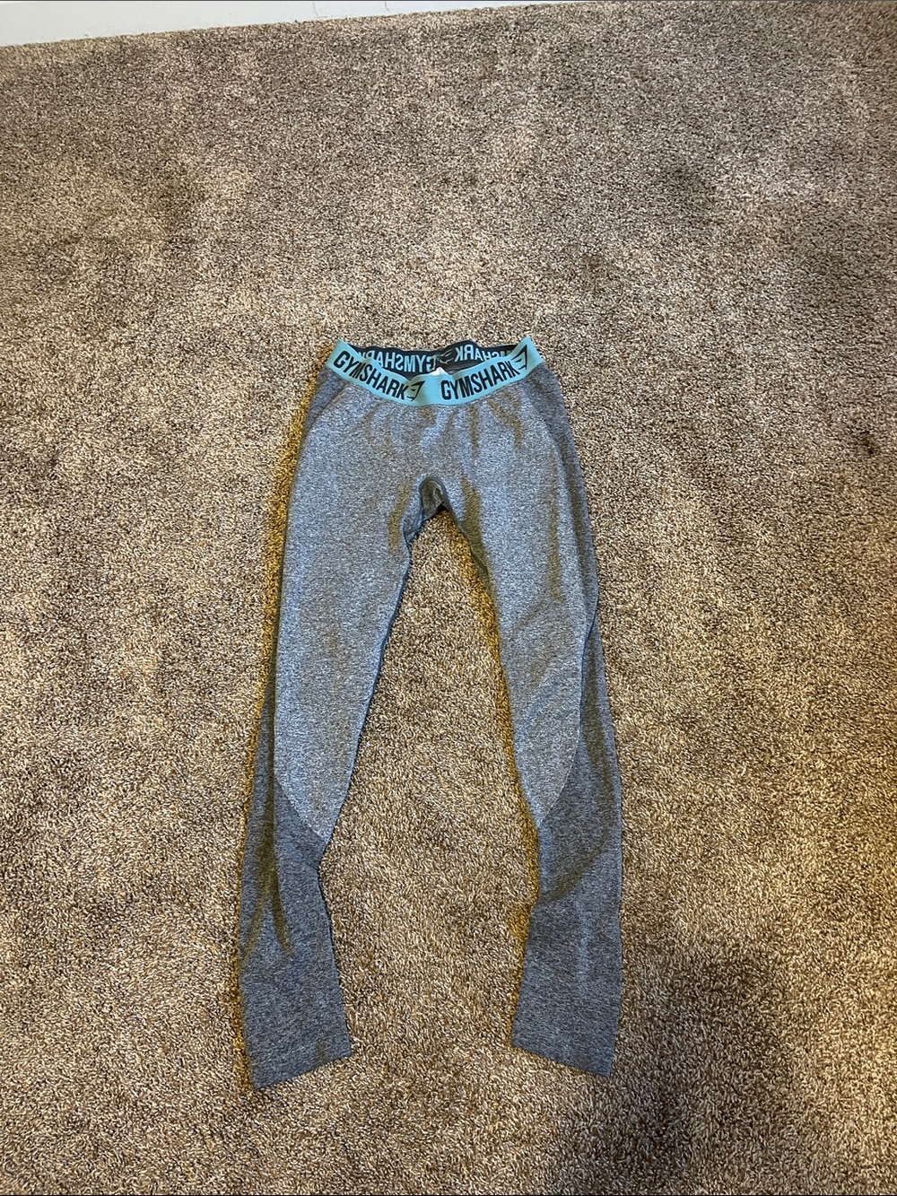 Gymshark Women’s Gray Leggings with Light Blue Logo Waistband